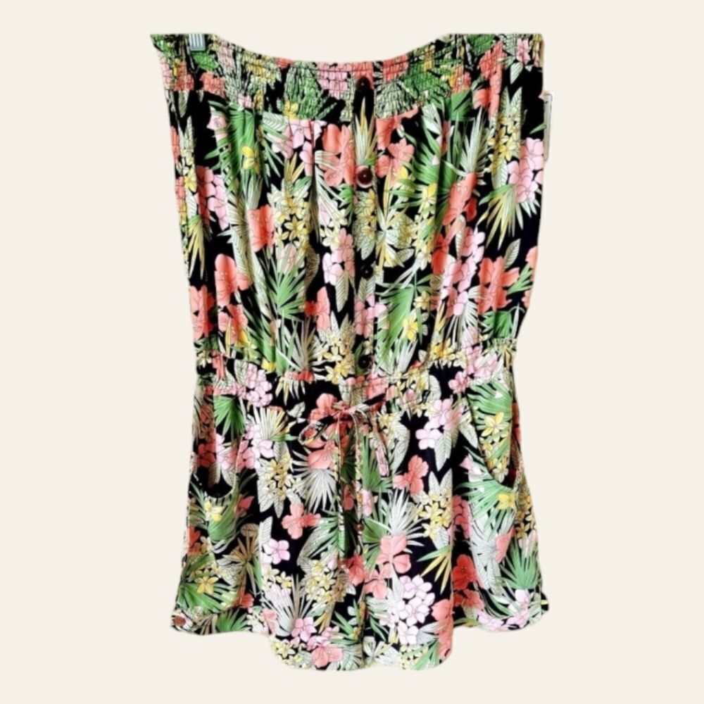 Go COCO Women's 2X tropical floral print sleeveless smocked Romper